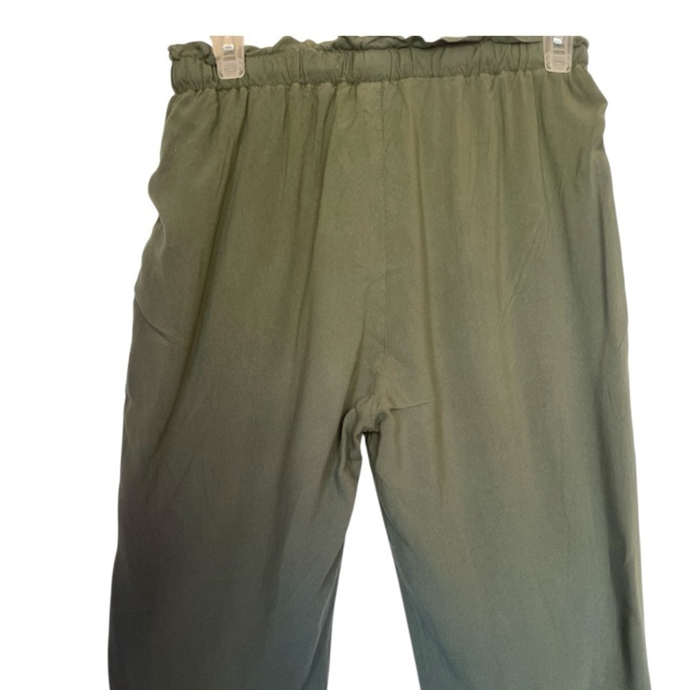 Joggers Paper Bag Waist with Elastic Pockets Side Ankle Tie Olive Green Casual - Picture 5 of 9